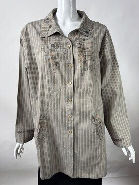 Spirit House Womens Striped Tunic Button Down Shirt With Metallic Abstract Patte